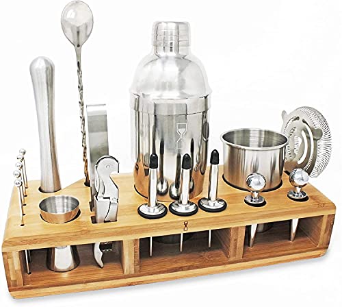 Premium Mixology Bartender Kit by EpochWare - Home Bar Tools & Accessories for Drink Mixing - 24 Piece Cocktail Shaker Set - Stainless Steel Barware & Stylish Wooden Stand - Cocktail Lover Gift Set