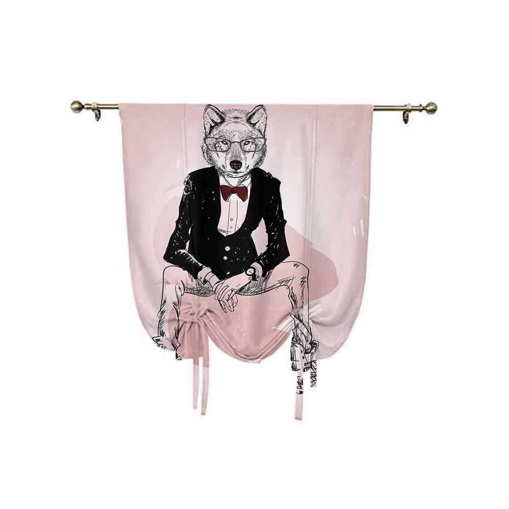 Indie Tie Up Window Shade,Hipster Portrait of Sitting Wild Wolf with Glasses Smart Casual Outfit Adjustable Balloon Curtain Shade,31x55 Inch,for bathroom window Baby Black Burgundy