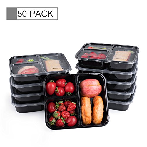 Glotech Item # SZ-304 34 Ounce Lunch Box Containers Set with Leak Proof Lid for Meal Prep and Portion Control in 3 compartment food containers-Microwaveable, Freezer & Dishwasher Safe,Pack of 50