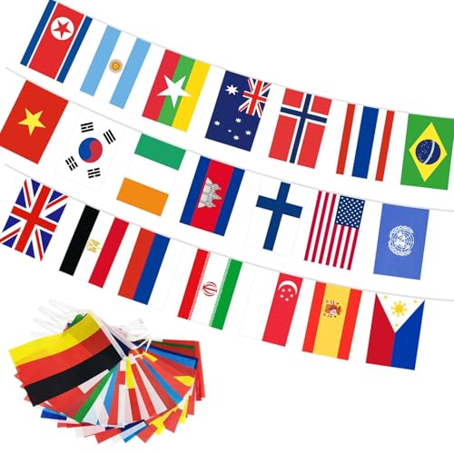 ZXTGBQ 2 Pcs Bandera de Copa del Mundo, 10 Metros Banderas de Mundo 32 Paises, Banderitas Internacionales para Decoración de Eurocopa Fiesta Balcón, 14×21cm