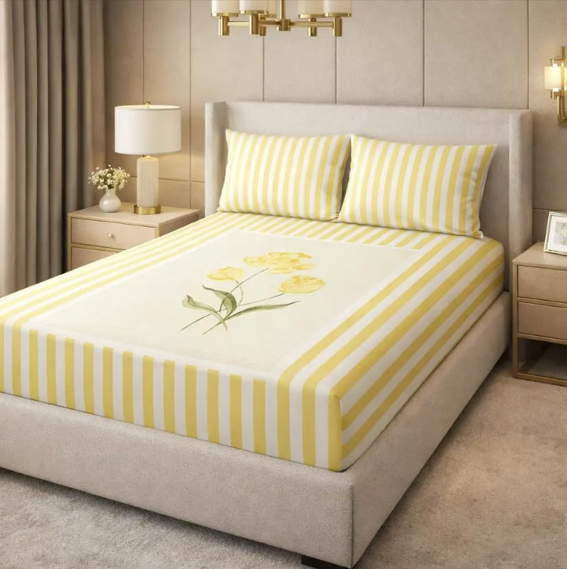 Jashan 300 TC Pure Cotton Elegant Stripe Design with Yellow Flower Print Soft & Comfortable,Double Bedsheet with 2 Pillow Covers – Queen Size Bedsheet 90x100 Inches Pillow 17x27 Inches - Yellow-picture-10