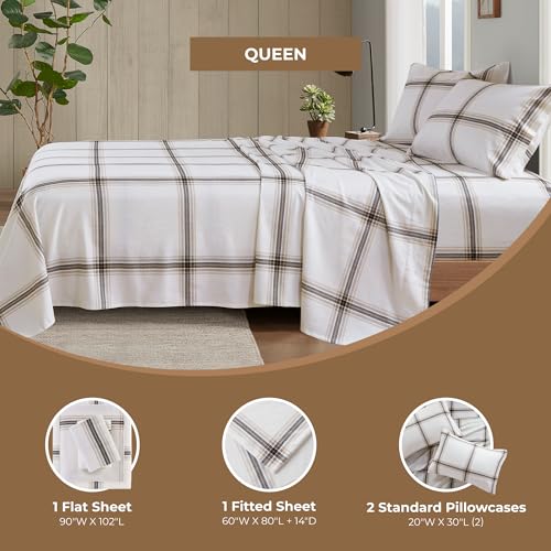 Image of Woolrich Cotton Sheet Set Cottage Charms Print, 100% Cotton Flannel Sheets Warm & Fuzzy Bedding Set Queen Size Sheets, Fitted Pocket Fits Up to 14 inch Mattress, Queen Tan Plaid 4 Piece