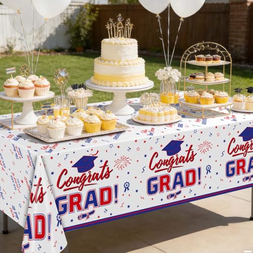 Image of Oigco 2026 Graduation Decorations, 2 Pack Red and Blue Graduation Tablecloths Class of 2026, Congrats Grad Plastic Rectangle Table Cloths for Graduation Party Decorations, 54 x 108 Inch