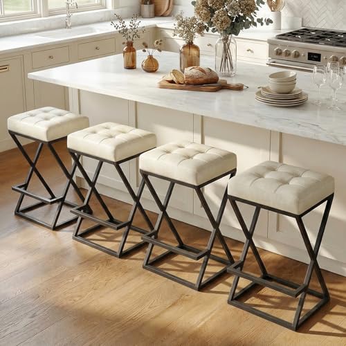 Image of Bar Stools Set of 2, 26 Inch Counter Height Faux Leather Cream White