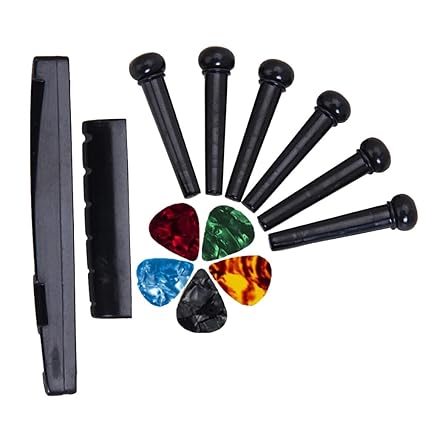 Imaginea Guitar Saddle & Nut and Bridge Pins Set with 5 Picks Replacement for Acoustic Guitar (Pack of 6 Pins, Black)