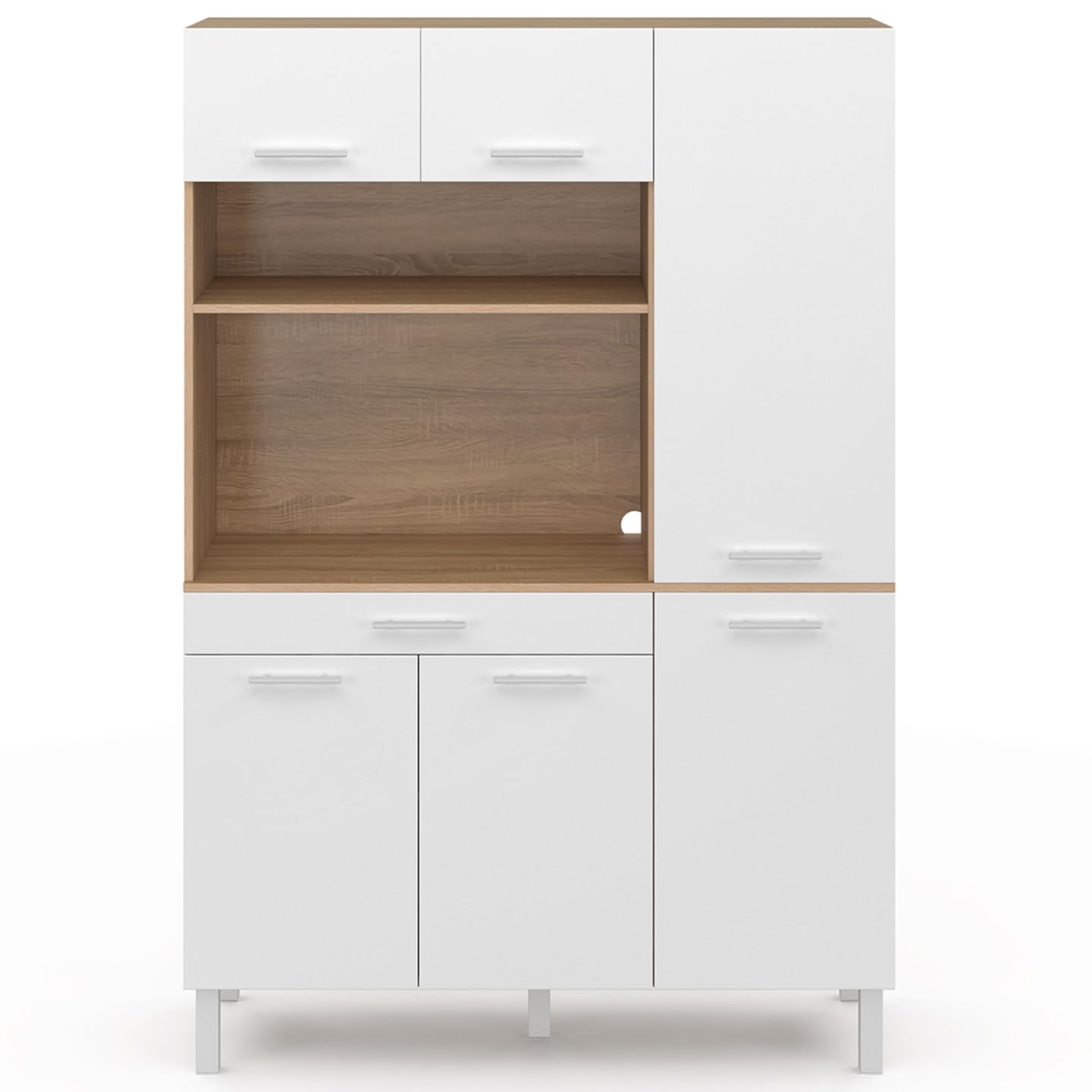 IDMarket - Aparador de cocina CINA con mueble de 120 CM, 6 puertas + cajón, acabado haya y blanco