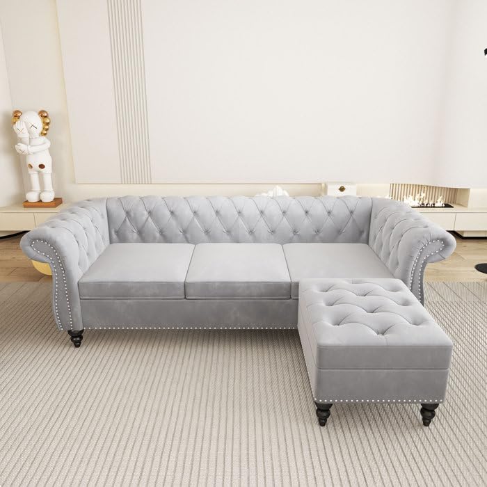 Image of Chesterfield Velvet 3 Seater Round Arm Sofa + Ottoman Modern Sofa for Your Loving Space, Bedroom, Living Room, Offices (Grey)
