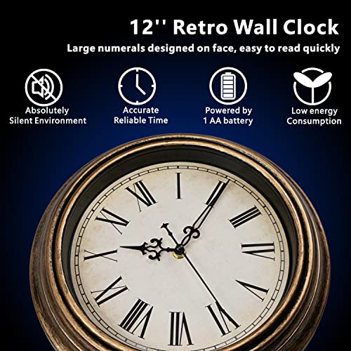 Diyzon Vintage Wall Clock, 12'' Retro Silent Non Ticking Classic Clocks, Roman Numerals Easy To Read, Quality Quartz Clock Battery Operated, Decorative Bedroom, Kitchen, Office #TOP1