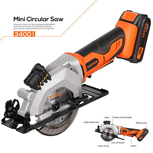EREBUS,97630,Circular Saws, 20V 3400RPM 4-1/2" Professional Cordless Circle Saw with Laser Guide, Rip