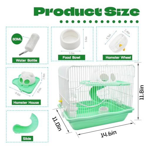 Image of 2-Tier Portable Hamster Cage and Habitats,Travel Metal Mouse Cages with Free Water Bottle,Houses and Exercise Wheel for Any Breed of Hamster and Small Animal (14.6x11.0x11.8inch Green)