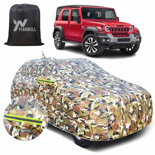 Image of Car Body Cover for Mahindra Thar Roxx, 100% Waterproof, Heat-Resistant with Mirror & Antenna Pockets, Soft Cotton Lining, Triple Stitched, Green Reflector (Jungle Print)