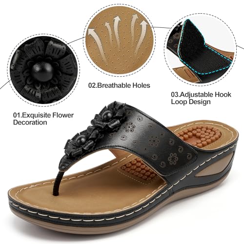 Image of Ecetana Womens Wedge Flip Flops: Orthopedic Cushion Non Slip Sandals - Comfortable Walking for All Day - Stylish Flower Adjustable Thong Sandals for Summer Casual Outing