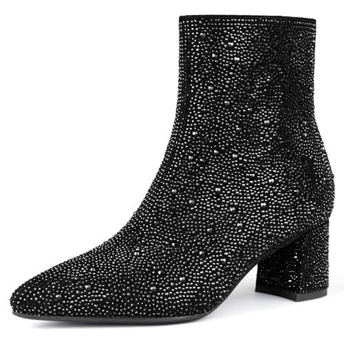 MISSMILLER Damen Stiefeletten mit Strasssteinen und klobigem Absatz, spitzer Zehenbereich, mit glitzernden Kristallen, schwarzer Strass, 39.5 EU MISSMILLER Damen Stiefeletten mit Strasssteinen und klobigem Absatz, spitzer Zehenbereich, mit glitzernden Kristallen, schwarzer Strass, 39.5 EU