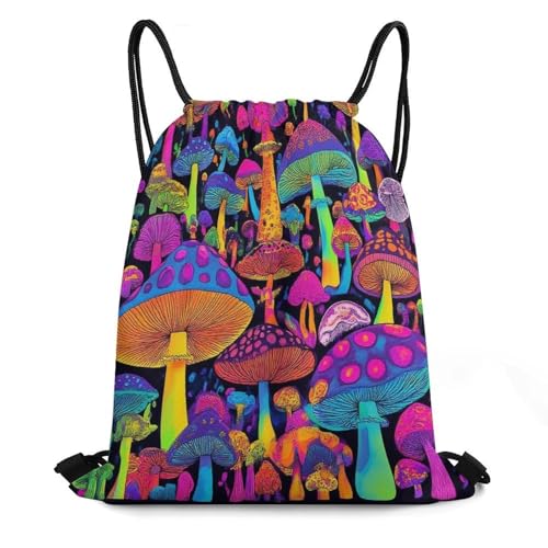 Mens Waterproof Trippy Mushroom Magic World Art Gym Bag, Pull String Sport Bag, Large Capacity Drawstring Backpack for Swim Beach Travel Hiking