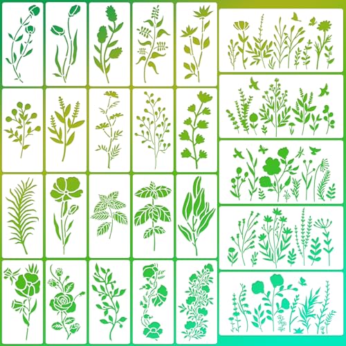 25 Set Wildflower Stencils - 60 Pcs Small Floral Plants Rose Daisy Lily Wild Flower Stencils for Painting Journal Paper Crafts Card