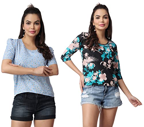 Image of POPWINGS Casual Floral Printed Round-Neck Puff-Sleeves Tops Combo for Women