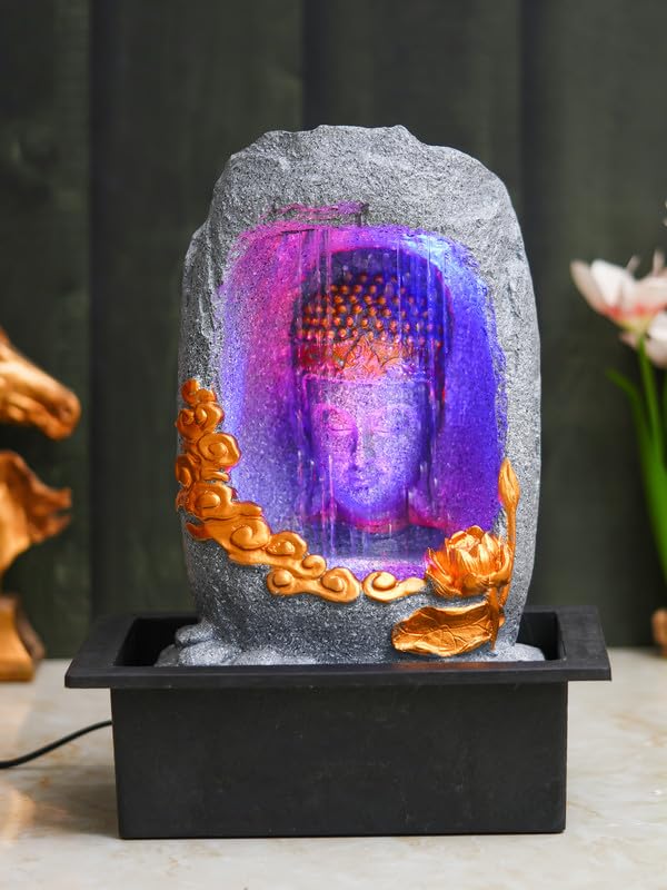 Image of Polyresin Tabletop Grey Meditating Buddha Sitting in Cave Style Indoor Front Curtain Waterfall Fountain for Home Decor with LED Light, Speed Controller Pump (Size: 40 x 22 x 29.5CM)