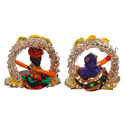 Image of JH Gallery Handmade Recycled Material Rajasthani Dolls Puppet Jharokha Tealight Candle Holder, Multicolor (1 Pair), Recycled Material
