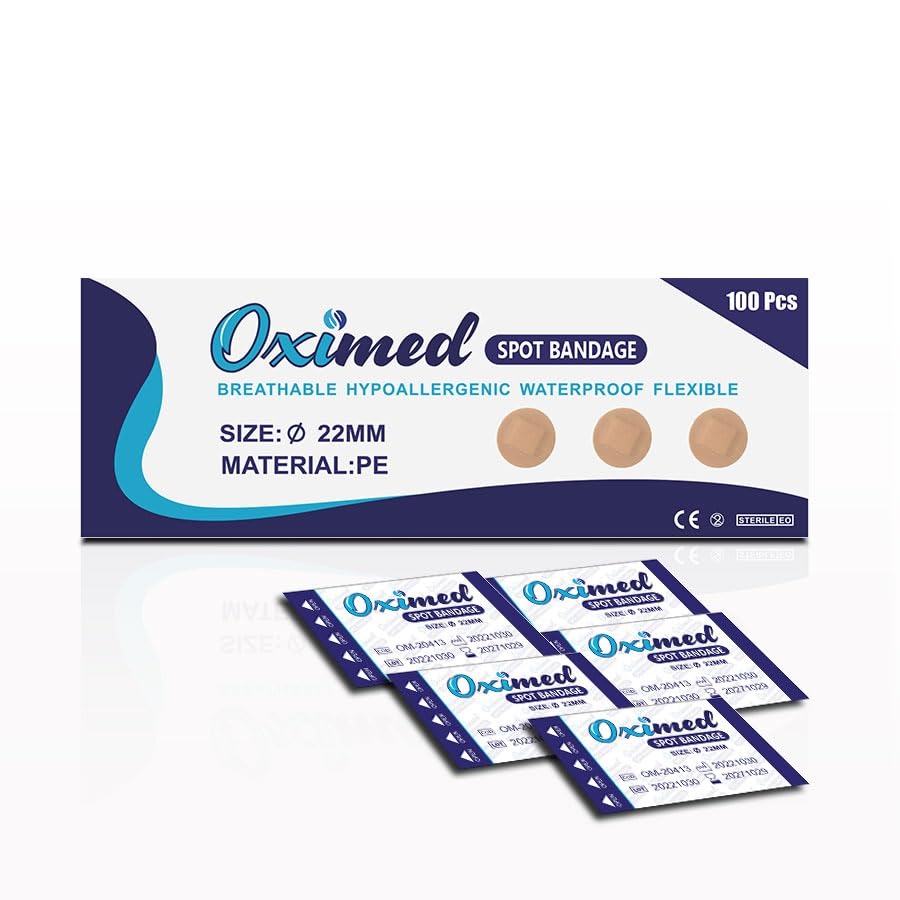 OXIMED Spot Plaster (100strip)2.2cm Small Round Sterile Strips, Adhesive Outer with Non-Stick Pad, Latex Free, Wound Care for First Aid Kit,spot bandage