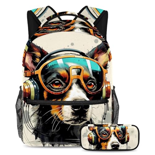 Cartables de grande capacité avec trousse imprimé chien stylé pour étudiants