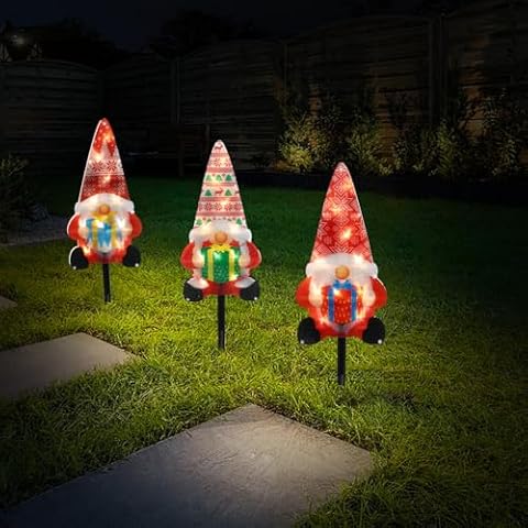 Solar Christmas Pathway Lights, Solar Gnome Lights with Garden Stake, Gnomes Lighted Christmas Decorations Outdoor, Waterproof Xmas Gnome for Holiday Christmas Party Yard Garden Cover