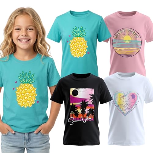 Image of MISS POPULAR Girls 4-Pack Super Soft Short Sleeve T-Shirts Rainbow Butterfly Glitter Print Cute Design| Sizes 7-16