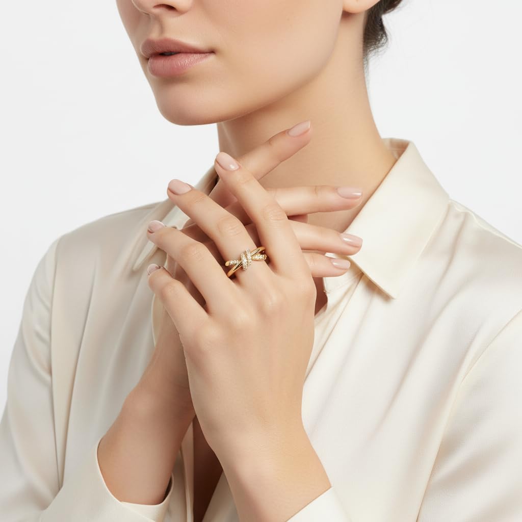 18K Gold Plated Knot Design Ring White CZ Stone Perfect for Special Occasion Wear Royal Look Engagement Gift for Women and Girls Ring Size 4 to 13