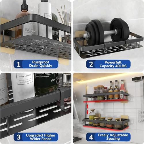 Image of KINCMAX 2Pcs Aluminium Self Adhesive Wall Mounted Shelf for Bathroom Multipurpose Organizer Wall Mounted Bathroom Rack Space Saving Without Drill Wall Shelf Easy To Instal Wall Stand (Black)