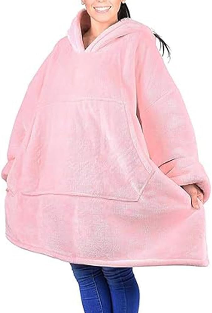 Hoodie Robe, Sweatshirt Blanket Soft Warm Hoody Front Pocket Plush Fleece Warm Blankets For Home Women Men Grey, Pink, One Size