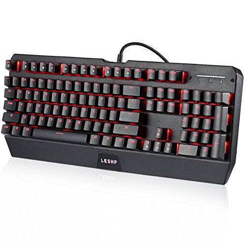 LESHP - Teclado mecánico para Videojuegos con 104 Teclas con retroiluminación LED roja RGB Impermeable, Color Negro (Teclas Azules)