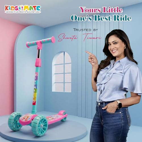Image of Kidsmate Rider Pro Kick Scooter with Broad PU LED Wheels | 3-Wheel Skating Scooter for Boys & Girls of Ages 2-12 Years | Level Adjustable Height, and Easy Fold Design (Pink Sea Green)