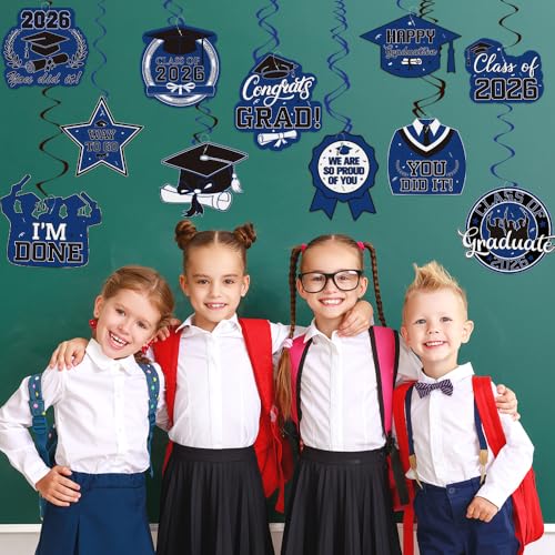 Image of Graduation Hanging Swirls Decorations, Blue and Black Graduation Party Decorations, 30PCS Class of 2026 Streamers Ornaments for Classroom Ceiling Office High School College Congrats Grad Party Favors