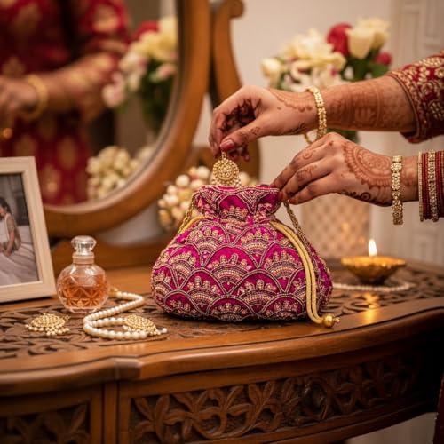 Image of Women's Embellished Zari & Pearl Velvet Potli Bag - Elegant Traditional Handcrafted Clutch for Weddings & Festive Occasions