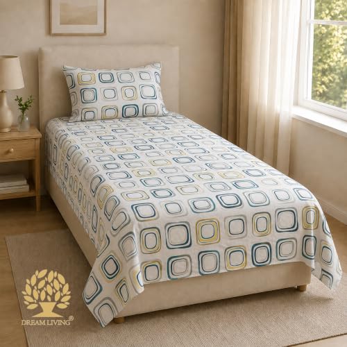 Image of Dream Living Printed Geometric Single Bedsheet with 1 Pillow Cover |120 GSM | 150x220 Cm | White
