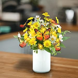 HOSY Artificial Daisy Bouquet in Glass Vase with Fairy Lights, Silk Flower and Butterfly Arrangements for Table Centerpiece Decoration (Daisy) HOSY Artificial Daisy Bouquet in Glass Vase with Fairy Lights Silk Flower and Butterfly Arrangements for Table Centerpiece Decoration Daisy