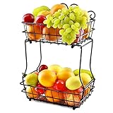 HENSUN 2 Tier Metal Fruit Bread Storage Basket Display Stand For Fruit, Vegetables, Snacks, Removable Screwless, Antique Black