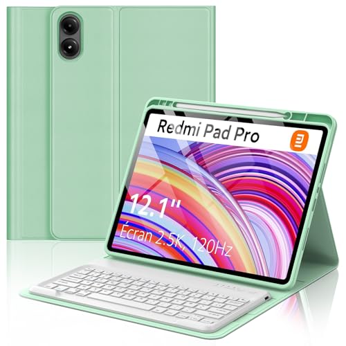 FOGARI Teclado para Redmi Pad Pro 12.1 | Carcasa Teclado para Xiaomi Pad POCO 12.1 Pulgadas 2024, AZERTY Francés Teclado desmontable Bluetooth para Redmi Pad Pro 12.1'', Verde Claro