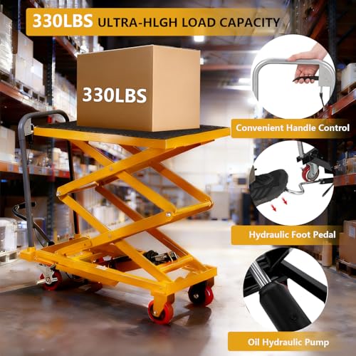 Image of GarveeTech Hydraulic Lift Table Cart, 330Lbs Load Capacity 50 Inch Lifting Height, Manual Double Scissor Lift Table with Non-Slip Pad and 4 Wheels,Hydraulic Scissor Cart (330lbs - Double - Yellow)