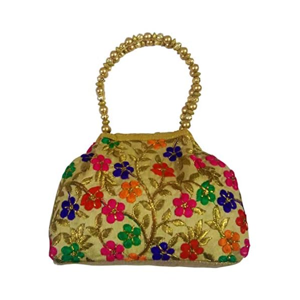 DMS RETAIL Women's Embroidered Silk Potli Bag with Pearl Beads Drawstring - Multicolor - Image 3