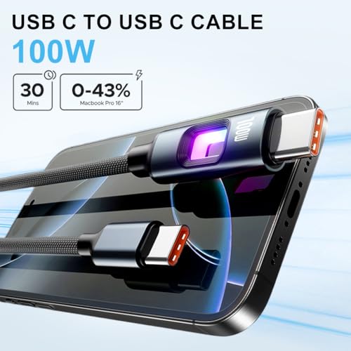 Image of Verilux PD 100W Type C Cable Fast Charging with Breathing Light, 5.9Ft /1.8M C Type Charger Cable Nylon Braid with 480Mbps Data Sync for iPhone 17 /17 Pro /17 Pro Max /16 /15, Galaxy S25 /S24 /S23, Black