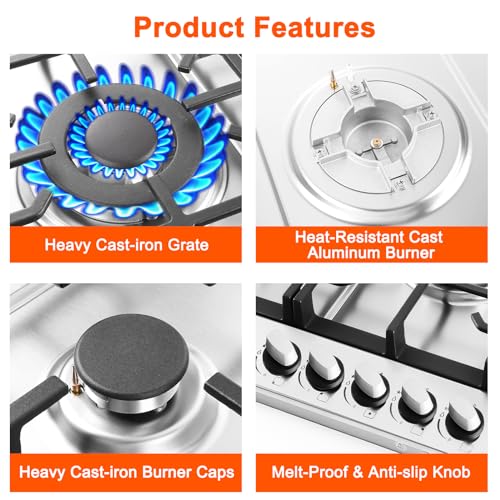 Gas Cooktop Stove 30 Inch Built-in Gas Stove Top with 5 Burners 35900 BTU,LPG/NG Dual Fuel,Auto Ignition,Thermocouple Protection,Stainless Steel,Heavy Duty Cast Iron Grates for Kitchen