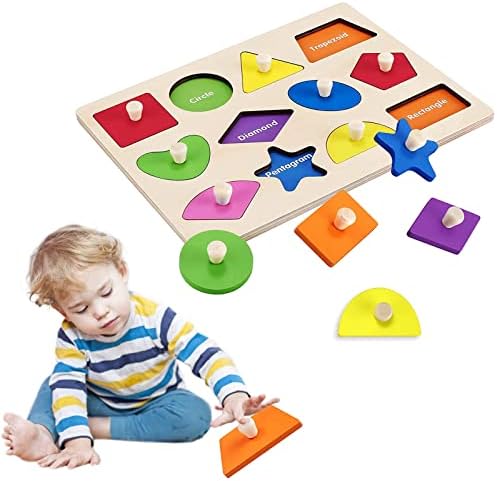 Geometric Wooden Montessori Puzzle Wooden Shape Peg Puzzles Jumbo Knob Wooden Puzzle Geometry Shape Puzzle for Toddlers 1 2 3 Boys Girls Kids Christmas Birthday Gift Learning & Education Toys