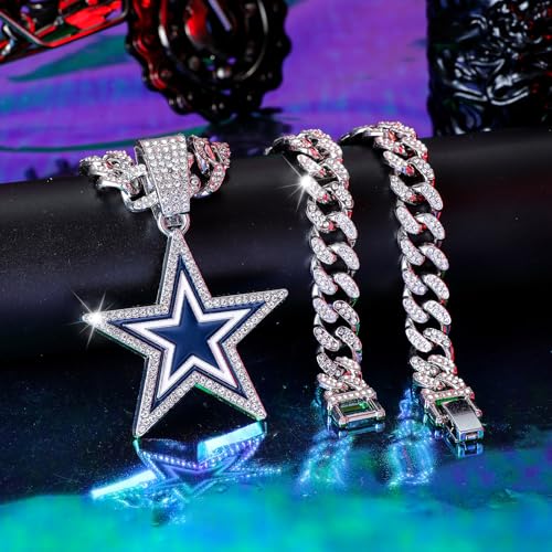 Exaggerated full rhinestone blue star necklace, hip hop men and women thick necklace2