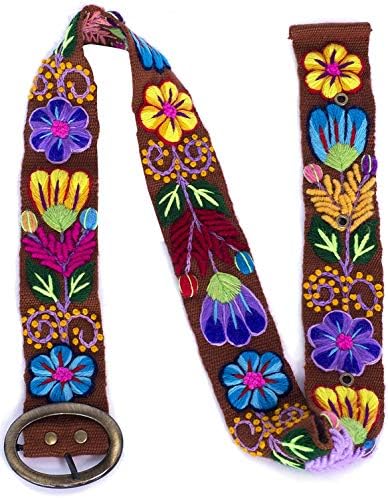 RAYMIS Womens Alpaca Wool Handmade Belt with Colorful Embroidered Flowers (Brown)