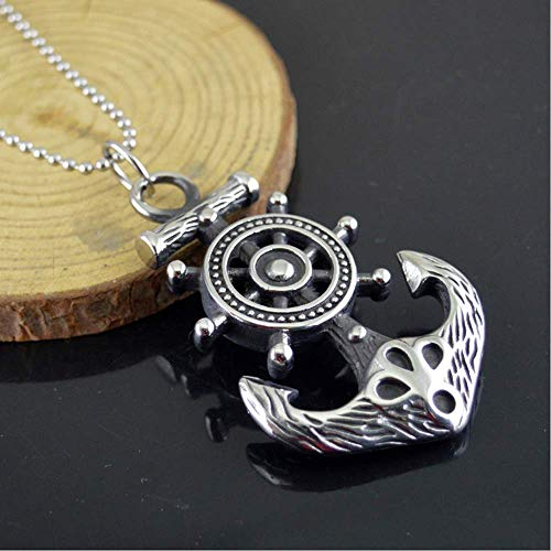Hsqyj Men's Ship Anchor And Rudder Necklaces Vintage Stainless Steel Pirate Cool Pendant Necklace Nautical Jewelry For Men - Silver Necklace For Men Teens And Women #TOP4