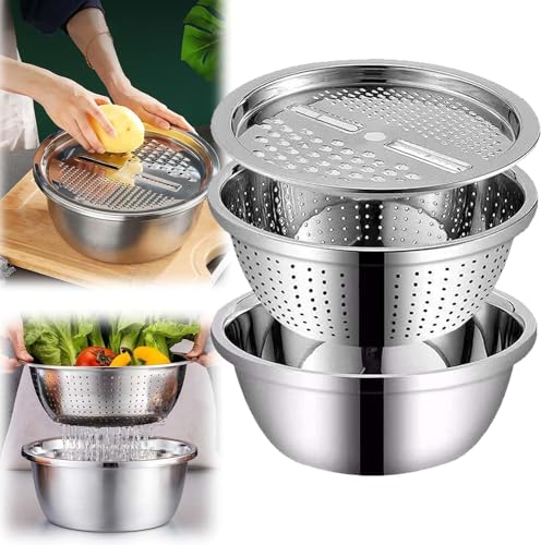 Image of KRESHU 3IN1 Stainless Steel Basin Set with Colander Grater Lid 3-Piece Multi-Function Mixing Bowl for Washing, Stainless Steel Basin Set (26 * 26 * 10CM)