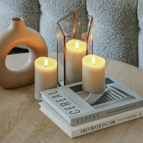 Image of Beige LED Real Tan‑Wax Flameless Battery‑Operated Pillar Flickering Candles