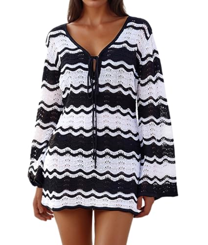 Eomenie Women Crochet Swim Cover Up Summer Bathing Suit Hollow Out Long Sleeve Dress Coverup Mesh Knit Beach Outfits