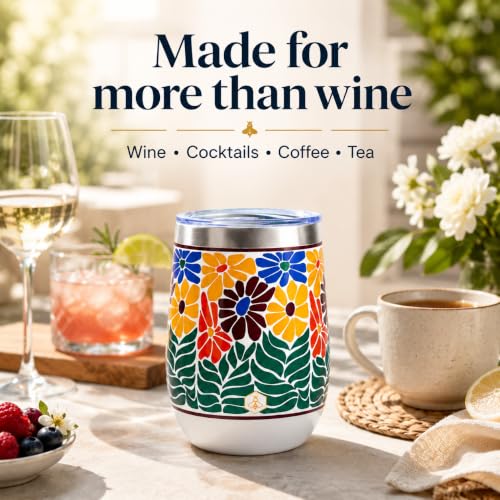 Image of Biddlebee 12 oz Insulated Stemless Wine Tumblers with Lids, Set of 2 | Stainless steel, keeps drinks hot or cold for hours; unbreakable outdoor and travel wine glasses; gift for women