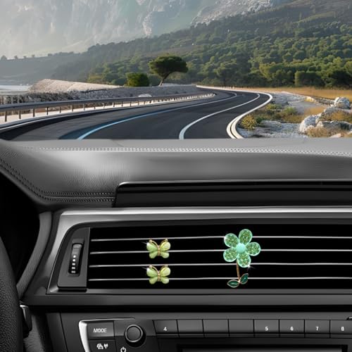 Image of 3PCS Bling Car Air Vent Clips, Butterfly Flower Rhinestone Vehicle Conditioning Outlet Clamps, Diamond Vent Clip Charm Decoration for Women Girls, Universal Automotive Accessories (Green)